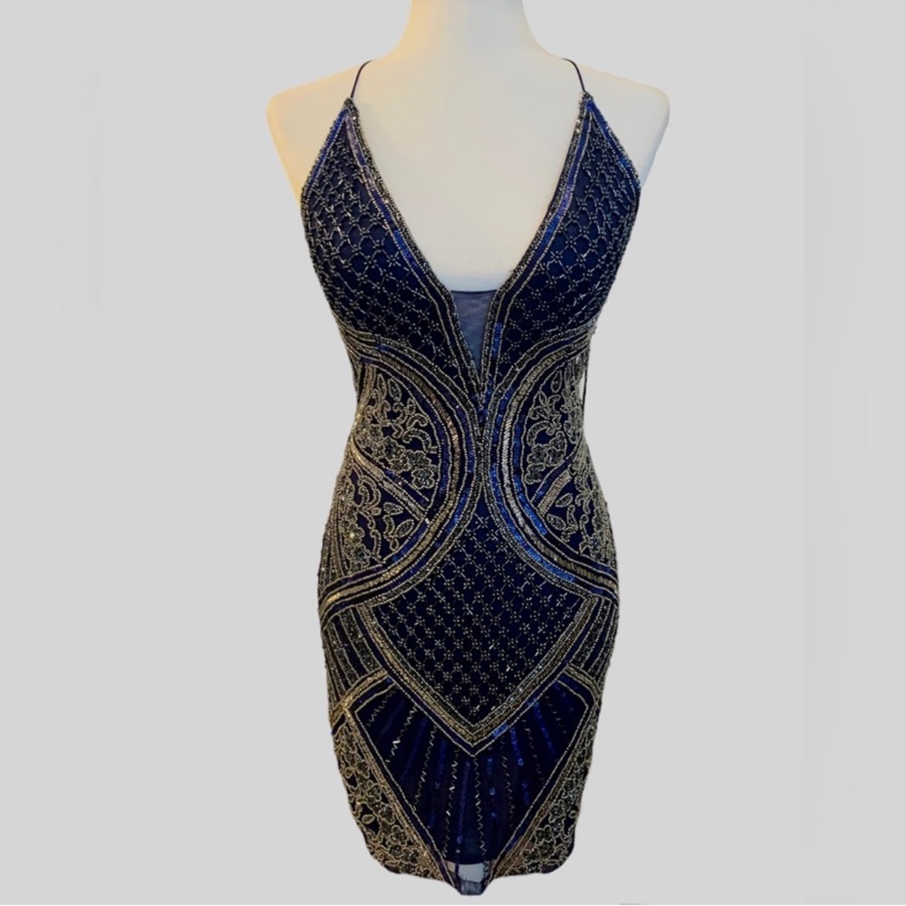 Primavera Couture Blue and Gold Bodycon Mini Dress for Cocktail - Picture 4 of 5